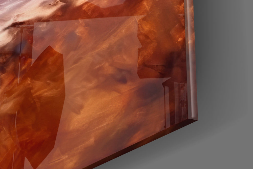 Coastal-portrait artwork anchoring a wall with amber-and-cream palette