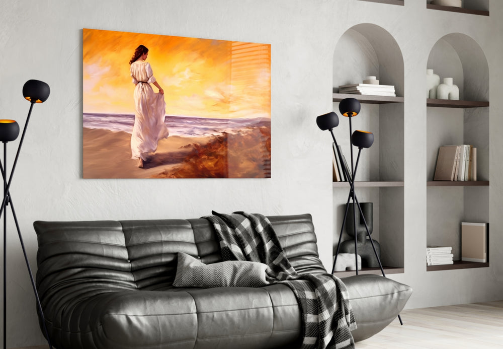 Beach Walk glass wall art styled above a sideboard in a hotel-style lounge