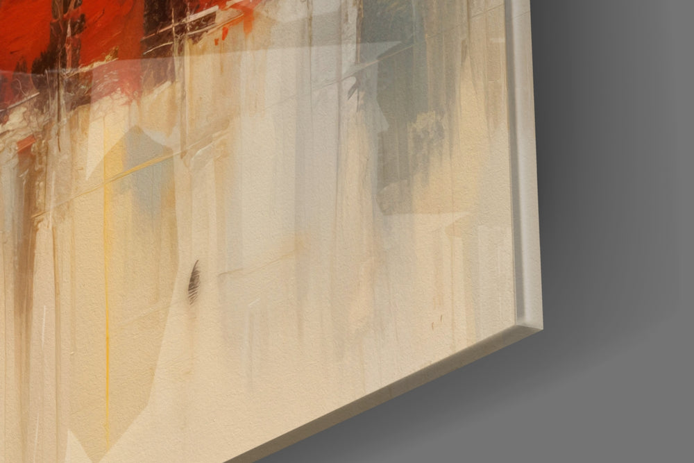 Urban-portrait artwork anchoring a wall with cream-and-scarlet palette