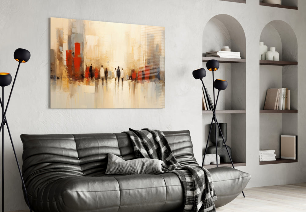 City Silhouette glass wall art styled above a sideboard in a dining room