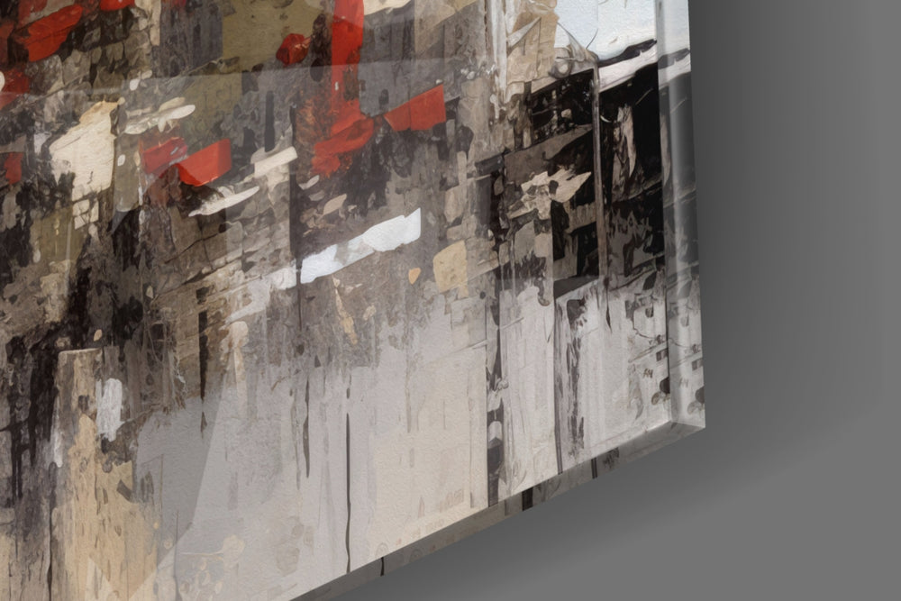 Urban-portrait artwork anchoring a wall with charcoal-and-scarlet palette