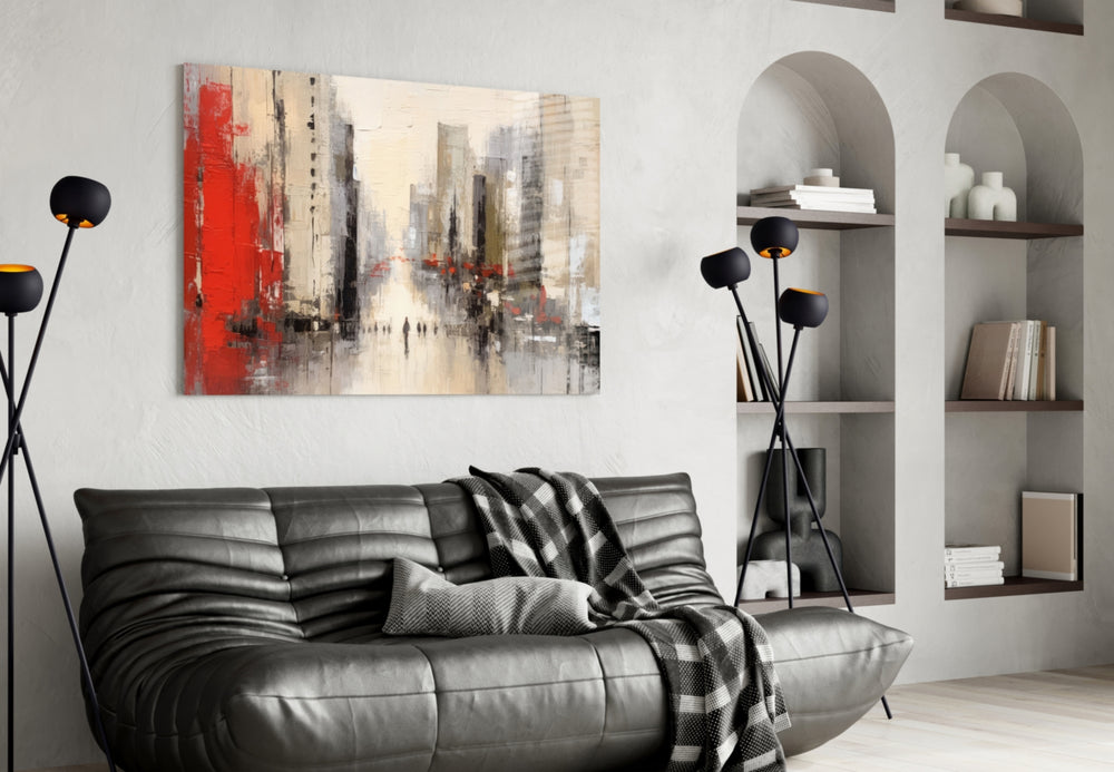 City Silhouette glass wall art styled above a sideboard in a dining room