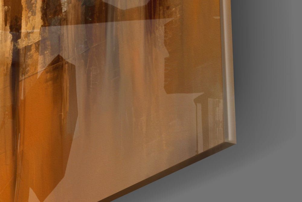 Figurative artwork anchoring a wall with amber-and-cobalt palette