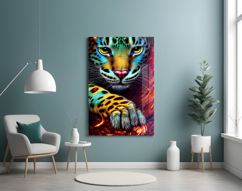 Sneaking glass wall art styled above a sideboard in a media room