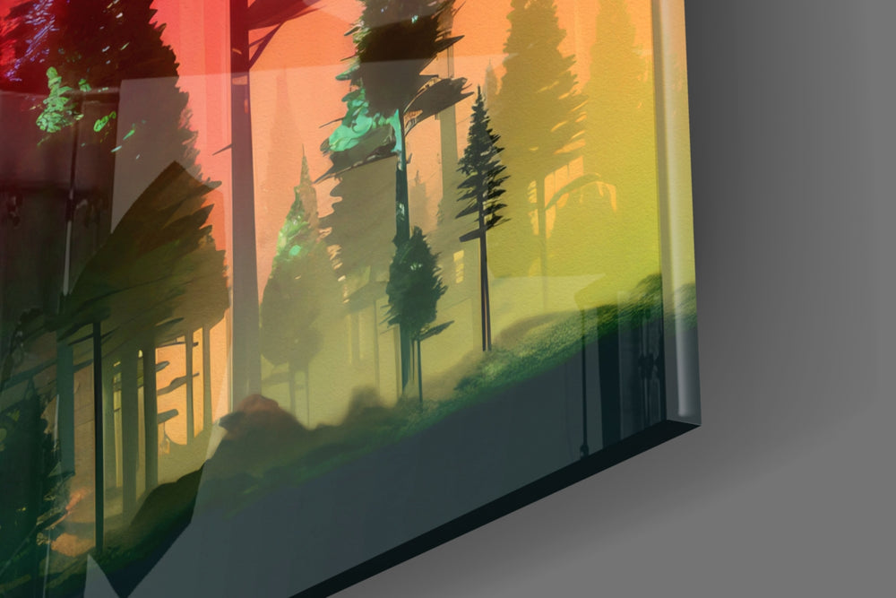 Botanical-scene artwork anchoring a wall with scarlet-and-emerald palette