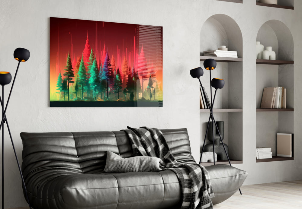 Forest of Colors glass wall art styled above a sideboard in a media room