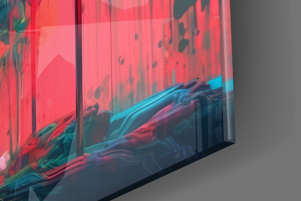 Botanical-scene artwork anchoring a wall with teal-and-rose palette