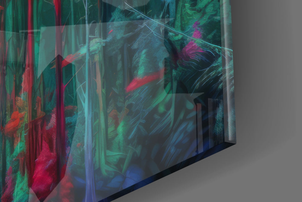 Botanical-scene artwork anchoring a wall with crimson-and-emerald palette