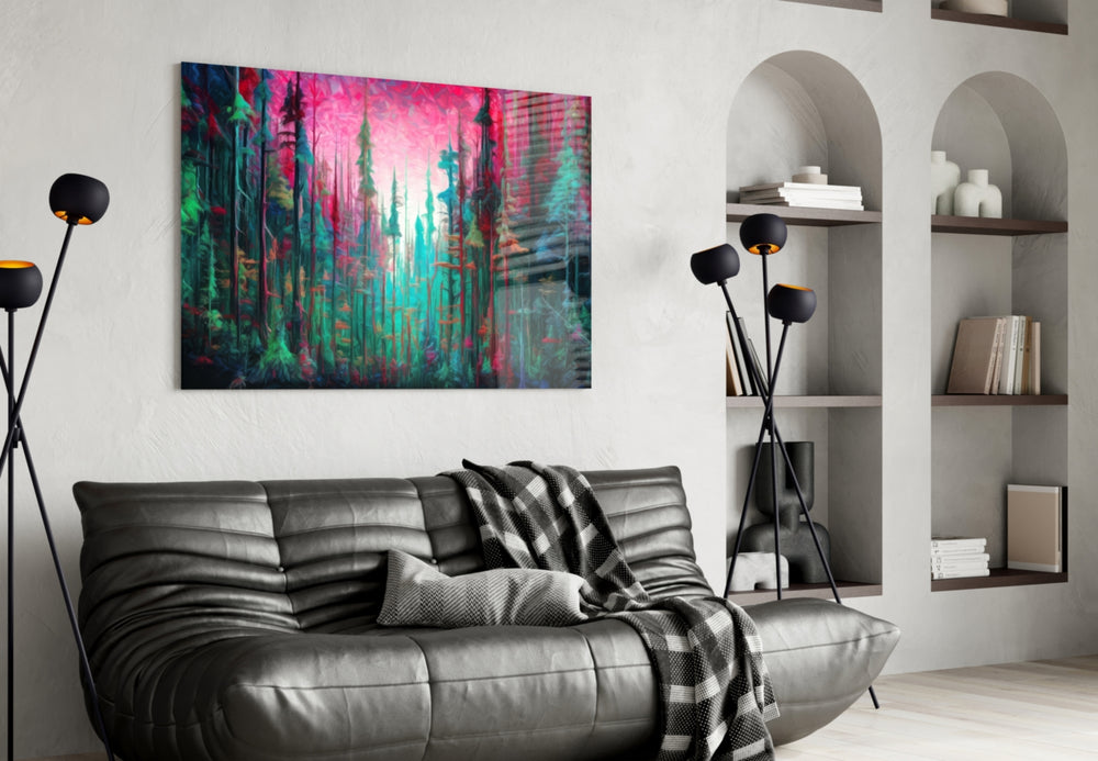 Forest of Colors glass wall art styled above a sideboard in a media room