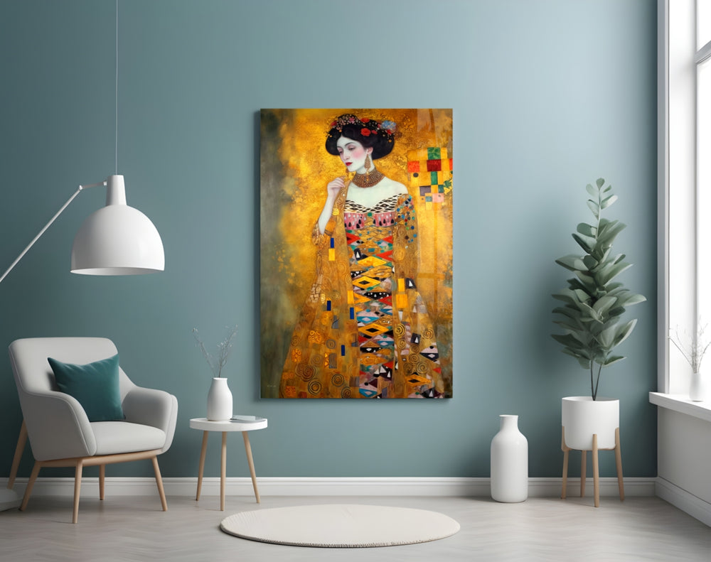 Klimt Style glass wall art styled above a sideboard in a foyer