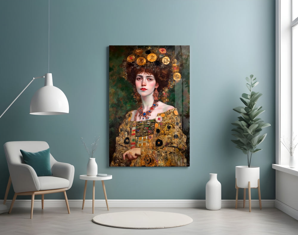 Klimt Style glass wall art styled above a sideboard in a foyer
