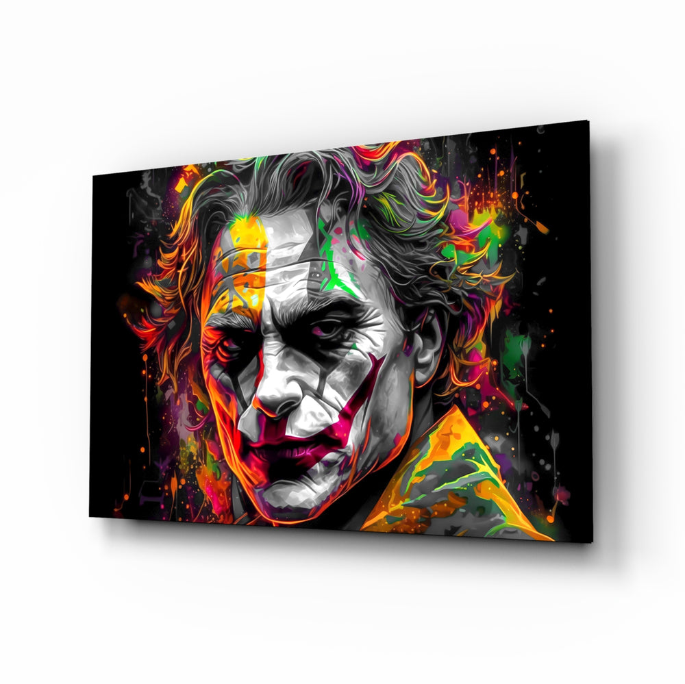 Joker glass wall art displayed above a leather sofa in a man cave