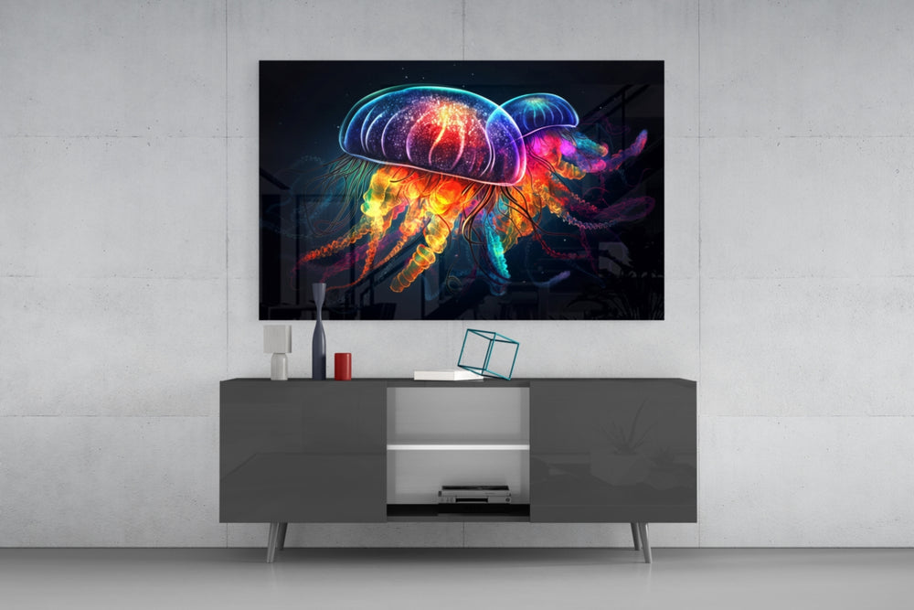Neon Jellyfish panel catching lamp light to reveal its cinematic glow