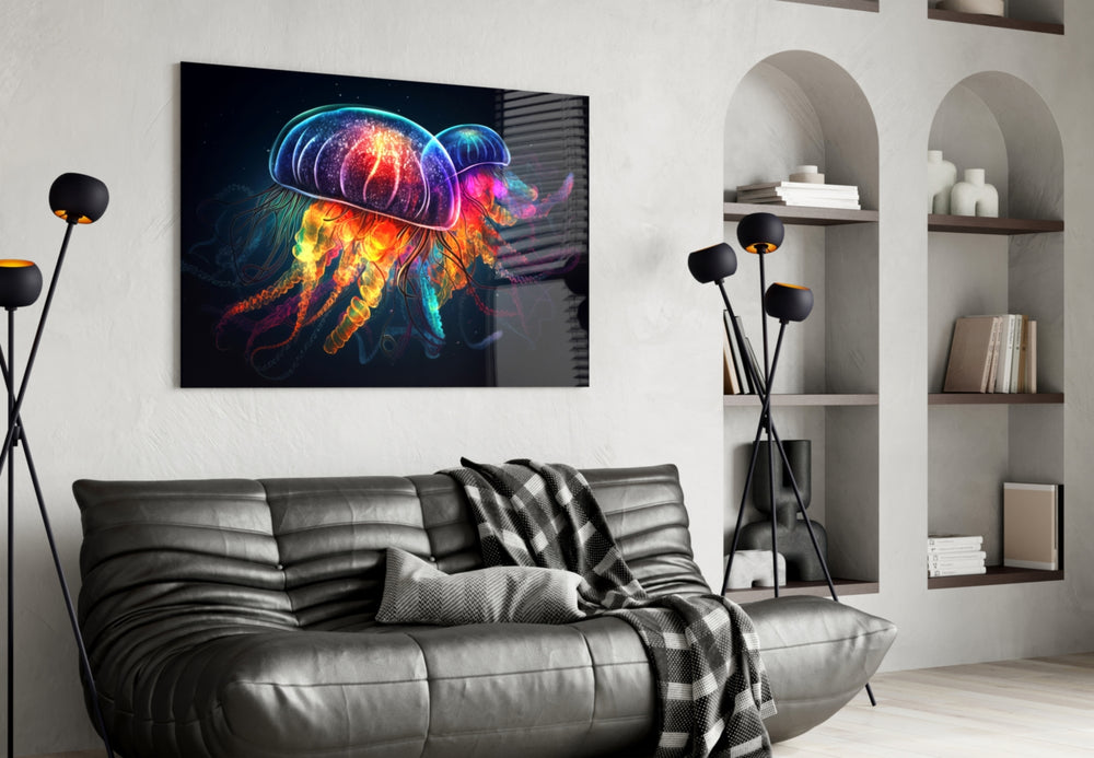 Neon Jellyfish glass wall art styled above a desk in a teen room