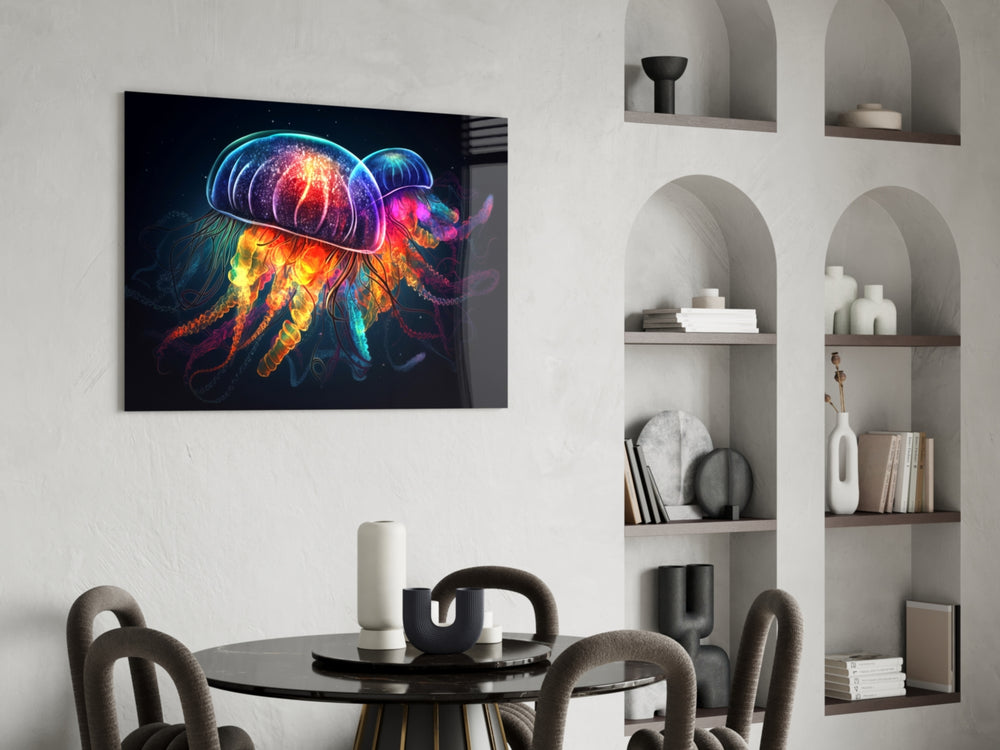 Neon Jellyfish panel adding editorial drama to a hallway