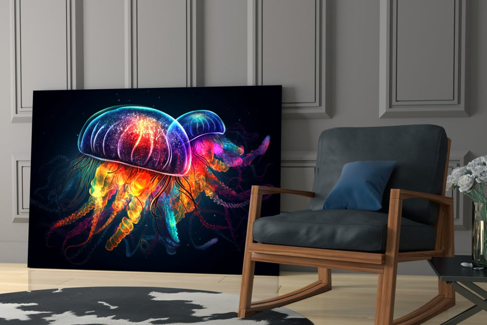 Neon Jellyfish glass print enhancing a den with statement adventure