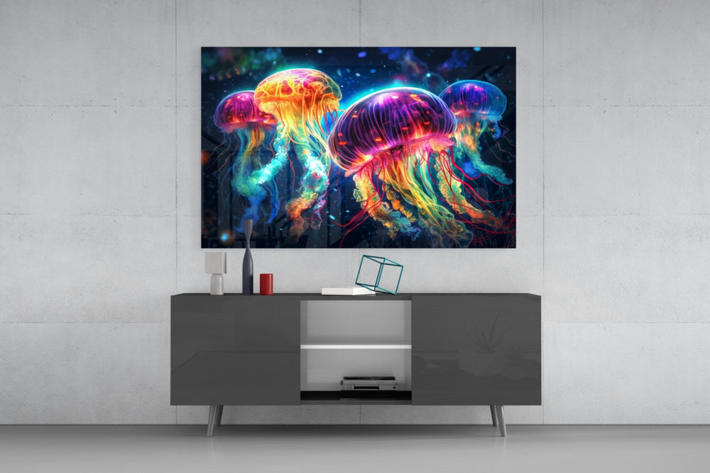 Neon Jellyfish panel catching lamp light to reveal its cinematic glow