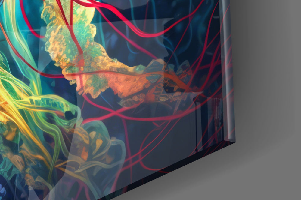 Fantasy-marine artwork anchoring a wall with magenta-and-cobalt palette