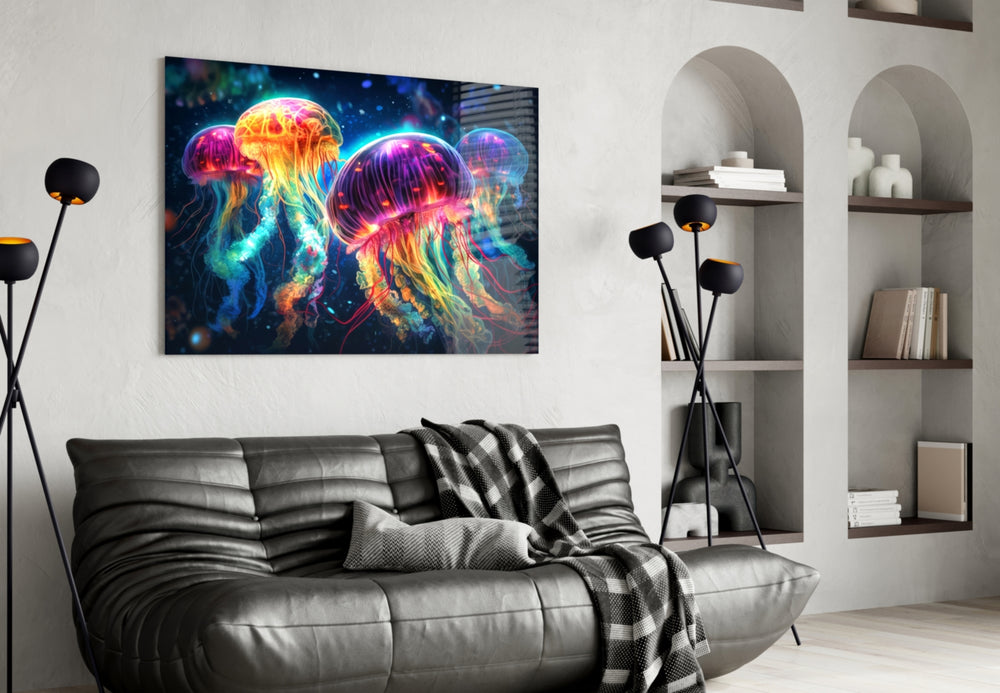 Neon Jellyfish glass wall art styled above a desk in a teen room