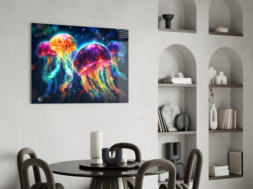 Neon Jellyfish panel adding editorial drama to a hallway