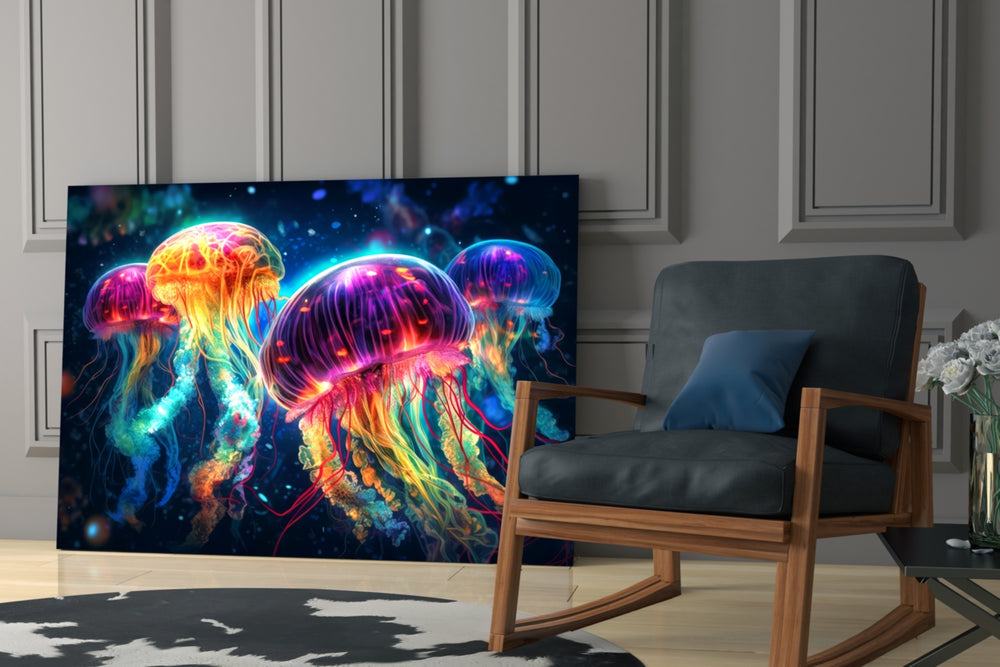 Neon Jellyfish glass print enhancing a den with statement adventure