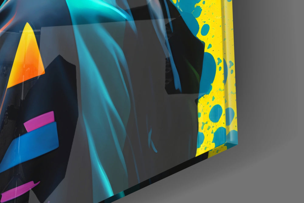 Fashion-muse artwork anchoring a wall with teal-and-canary palette