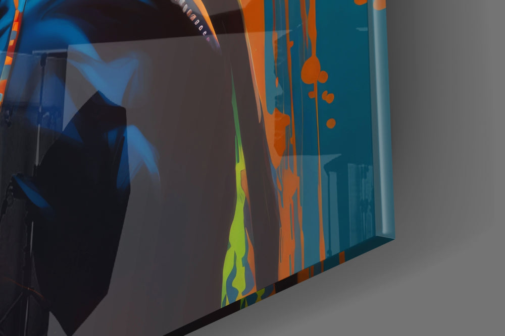 Fashion-muse artwork anchoring a wall with teal-and-canary palette