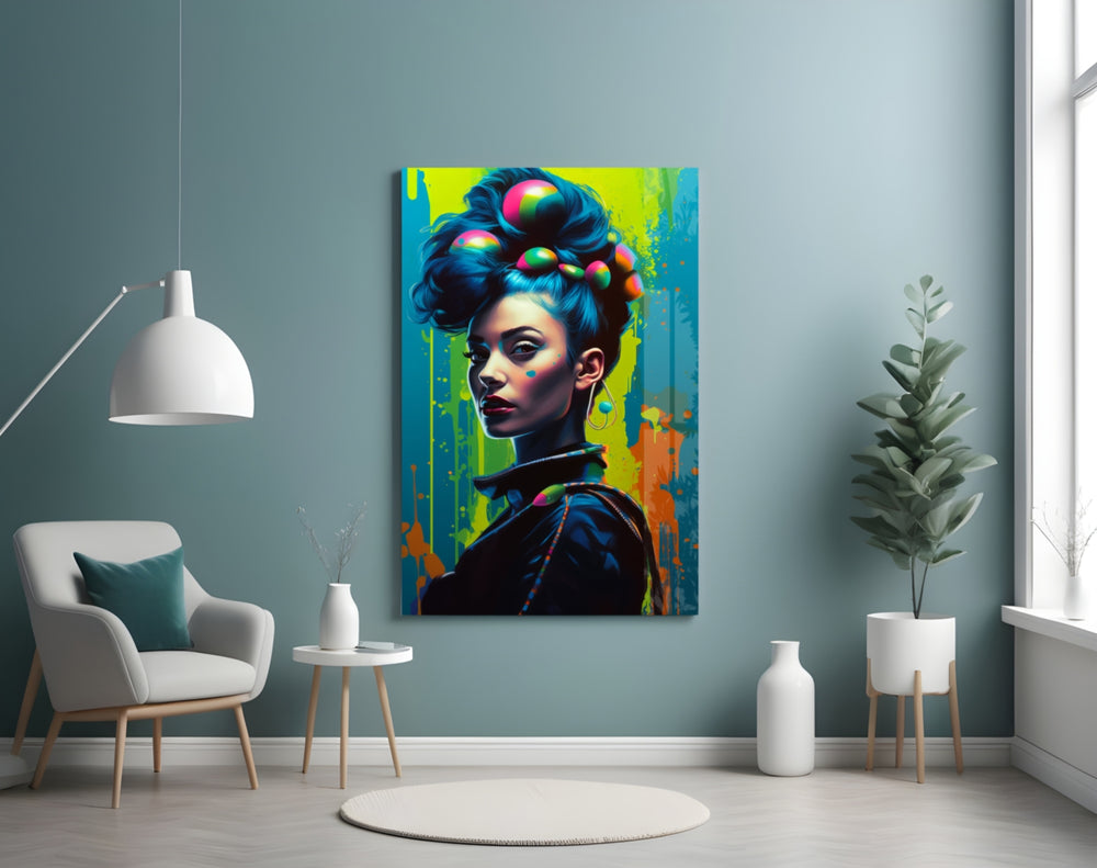 Hair Style glass wall art styled above a console in a fashion atelier