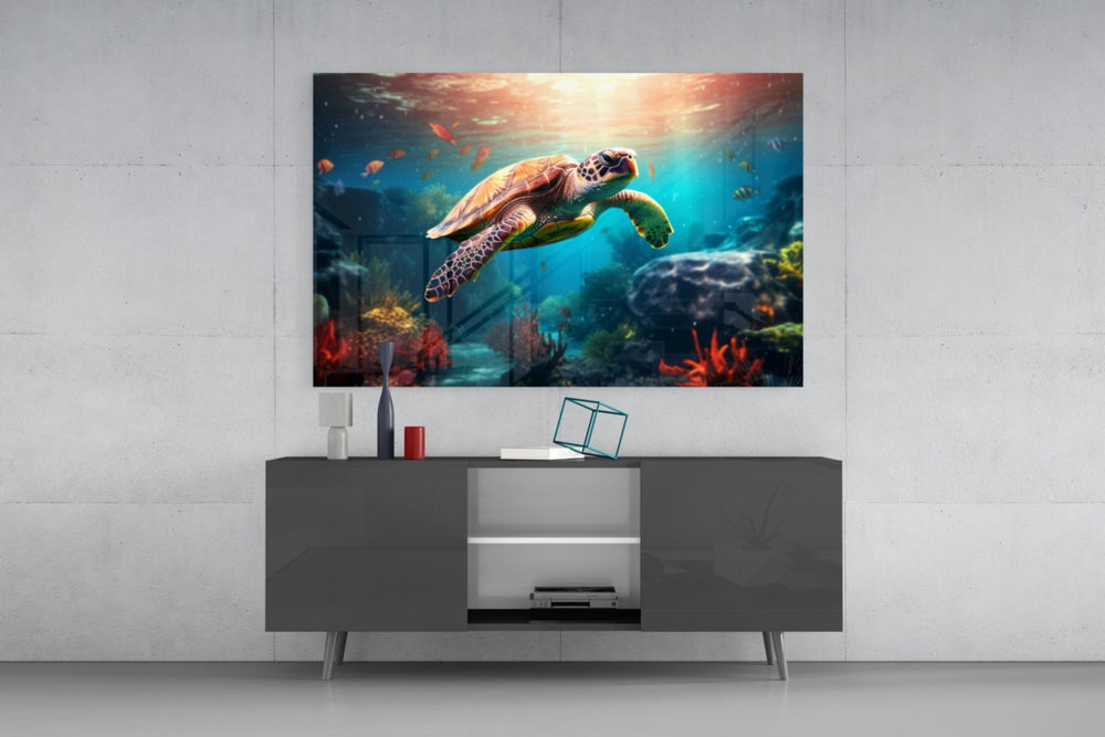 Sea Turtle panel catching lamp light to reveal its cinematic glow
