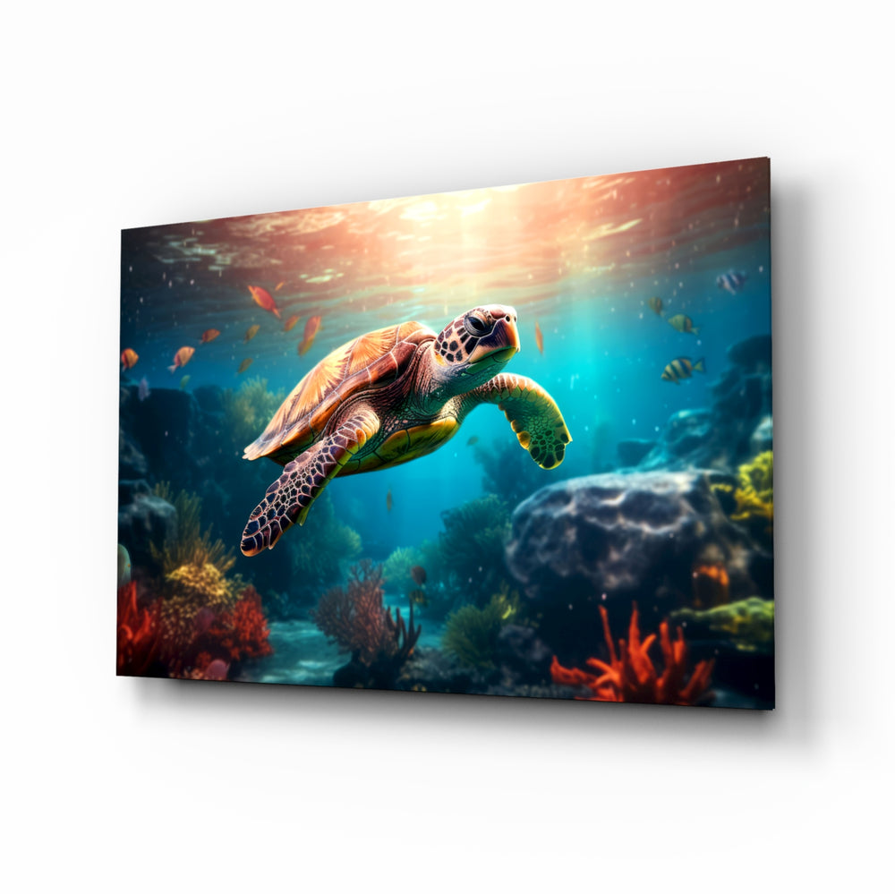Sea Turtle glass wall art displayed above a console in a sunroom