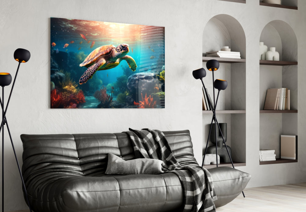 Sea Turtle glass wall art styled above a sideboard in a media room