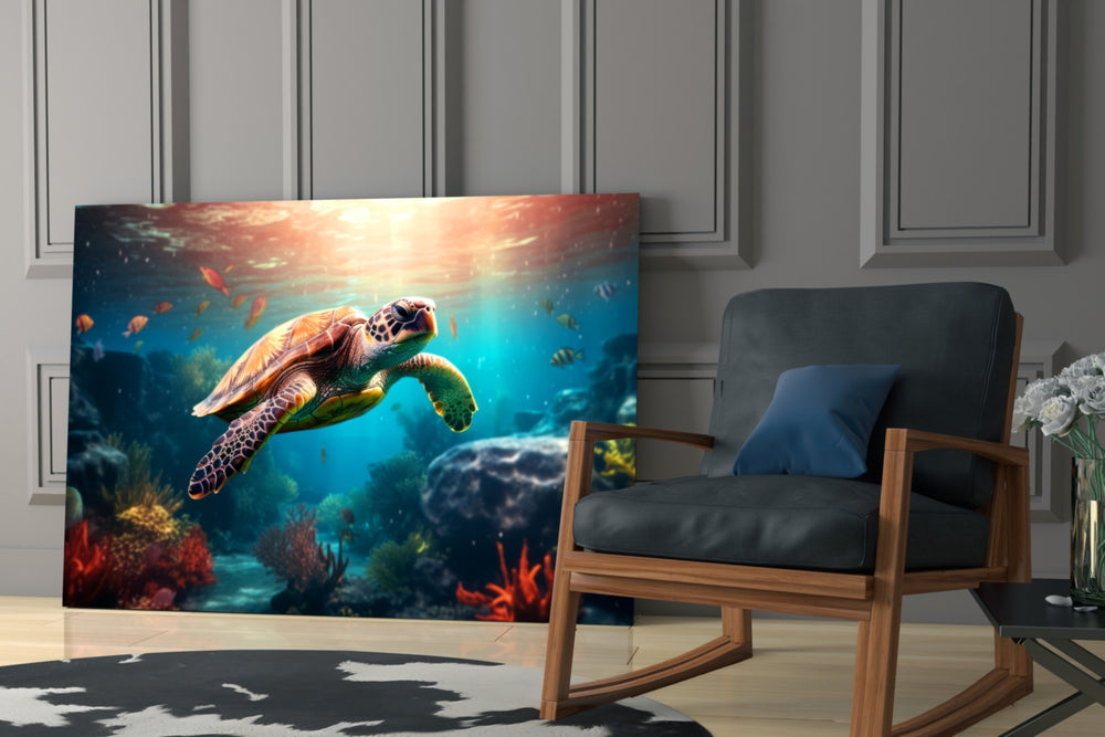 Sea Turtle glass print enhancing a den with statement calm