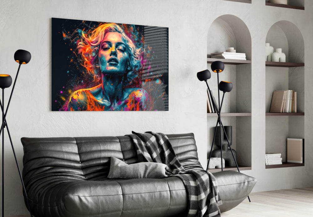 Feelings glass wall art styled above a sideboard in a hotel-style lounge