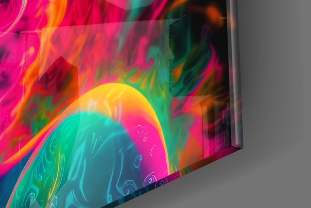 Feminine-muse artwork anchoring a wall with magenta-and-citrus palette
