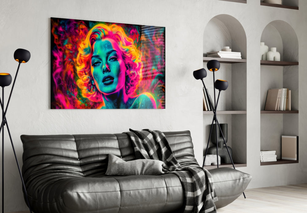 Girl in Fire glass wall art styled above a sideboard in a media room