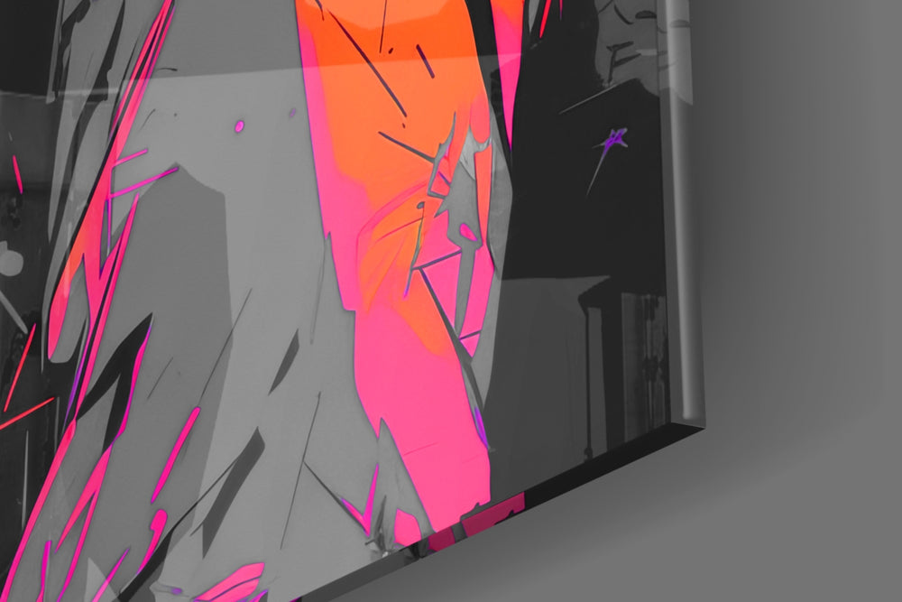 Music-muse artwork anchoring a wall with tangerine-and-graphite palette