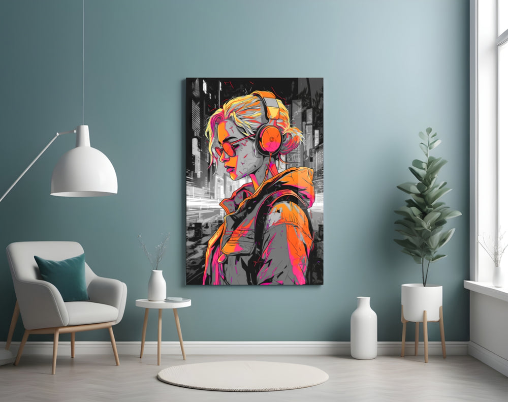 Music Girl glass wall art styled above a sideboard in a creative office