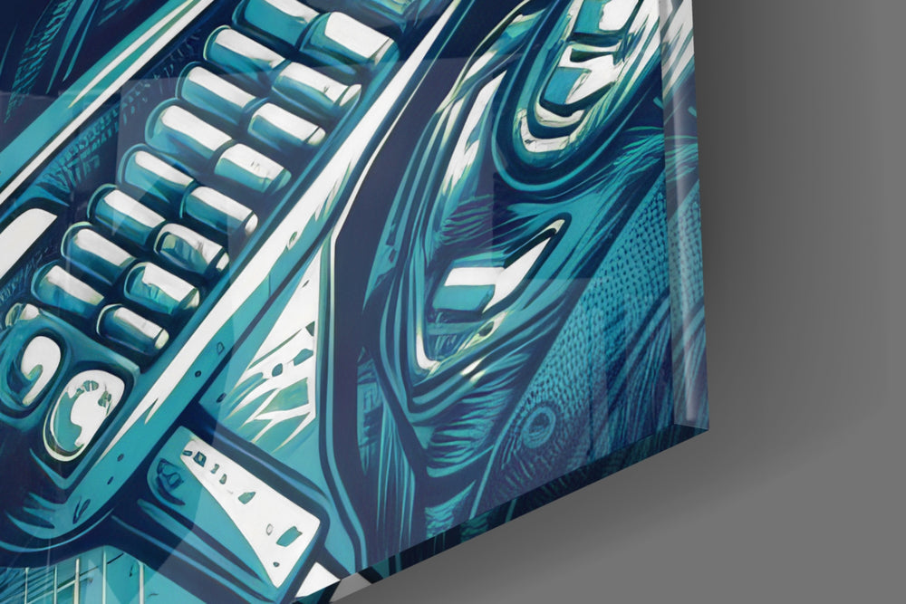 Sci-fi-soldier artwork anchoring a wall with scarlet-and-teal palette