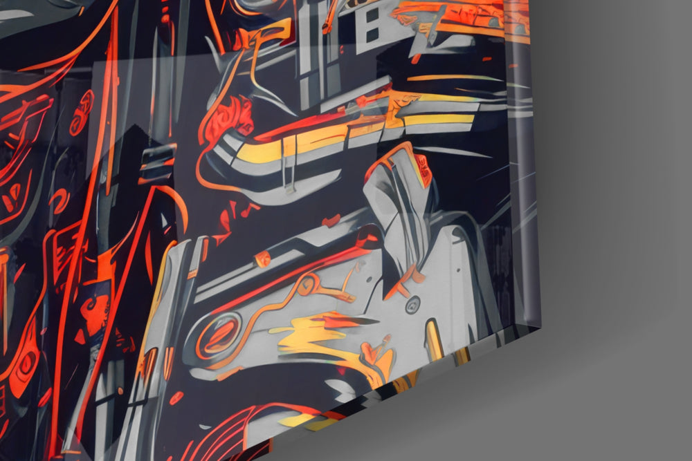 Robot-menace artwork anchoring a wall with chrome-and-scarlet palette