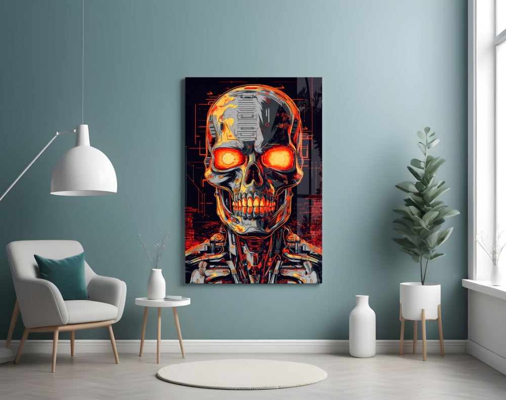 Mechanic Face glass wall art styled above a sideboard in a media room