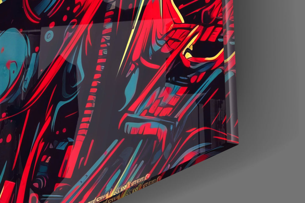 Cyborg-menace artwork anchoring a wall with scarlet-and-charcoal palette