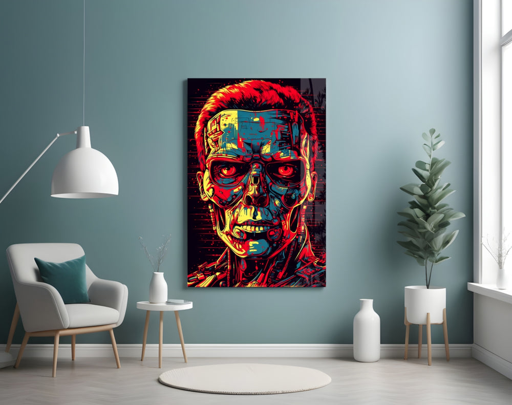 Mechanic Face glass wall art styled above a sideboard in a media room