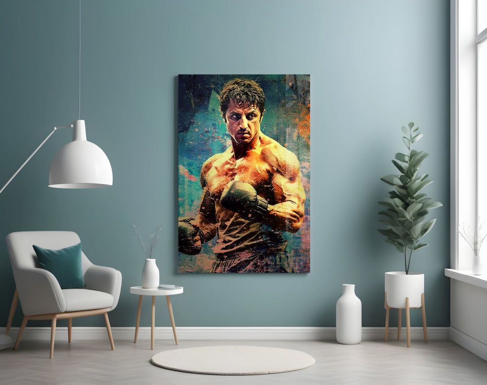 Fighter glass wall art styled above a sideboard in a media room