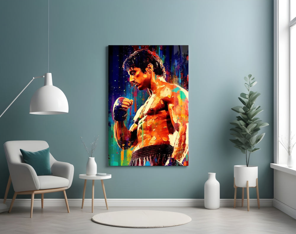 Fighter glass wall art styled above a sideboard in a media room