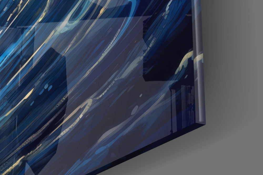 Sci-fi-explorer artwork anchoring a wall with indigo-and-gold palette
