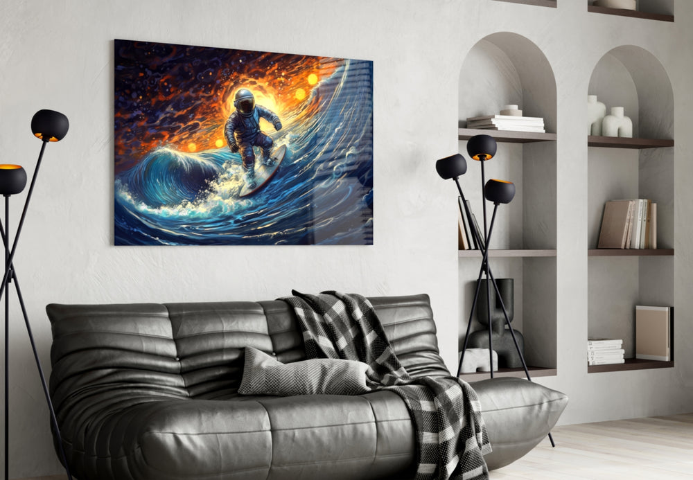 Surfing in Space glass wall art styled above a sideboard in a creative office