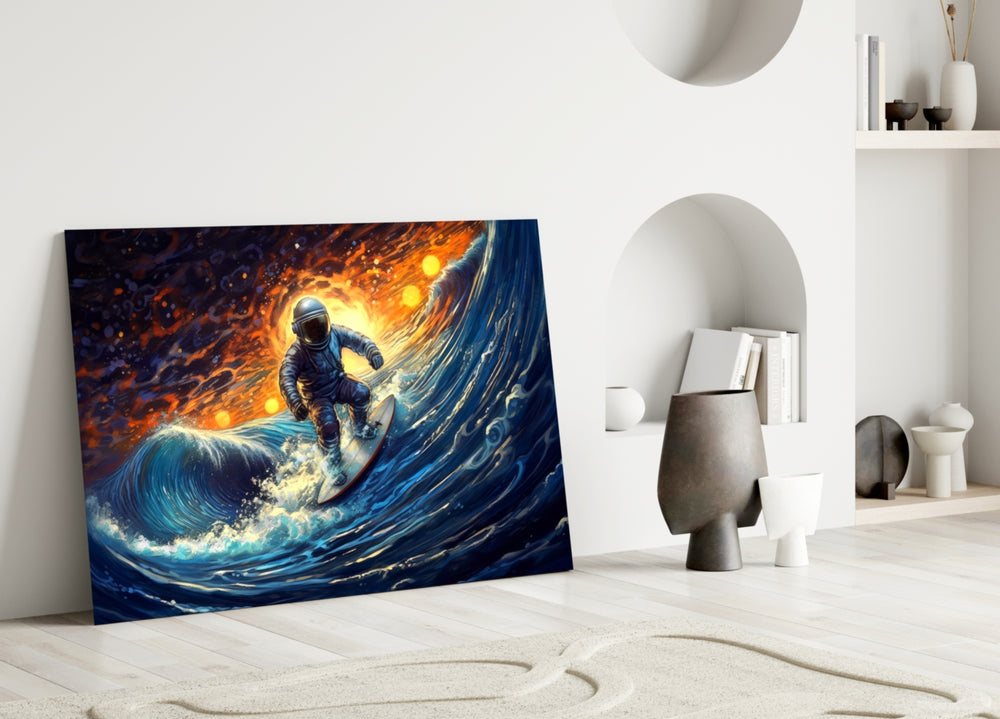 Surfing in Space close-up showing astronaut on indigo wave