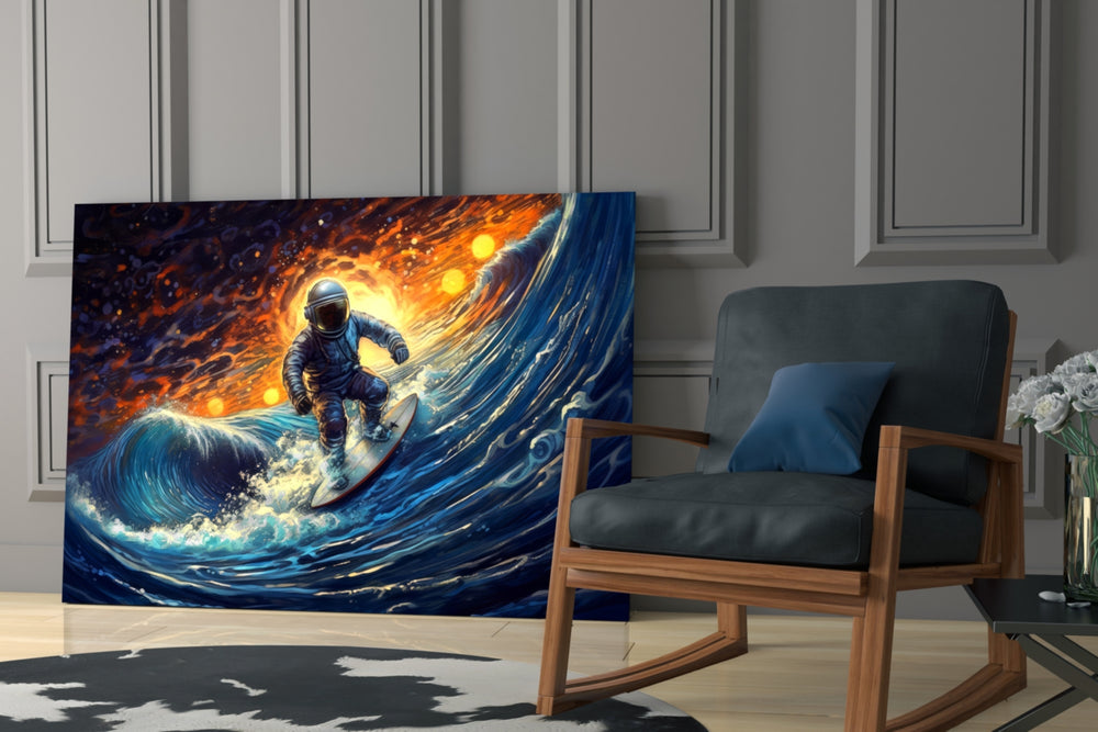Surfing in Space glass print enhancing a media room with statement adventure