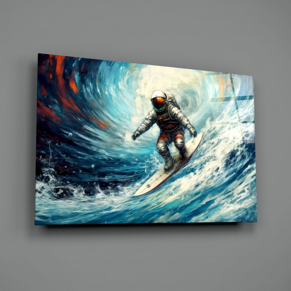 Surfing close-up showing astronaut riding the cobalt wave