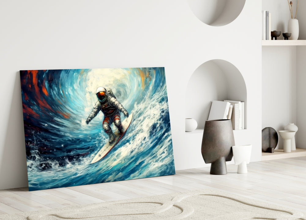 Surfing glass wall art styled above a console in a teen den